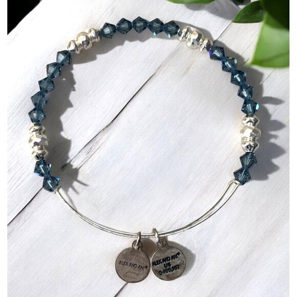 Alex & Ani Silver Plated Charm Bangle W/ Blue Acrylic & Silver Metal Beads - Picture 2 of 2